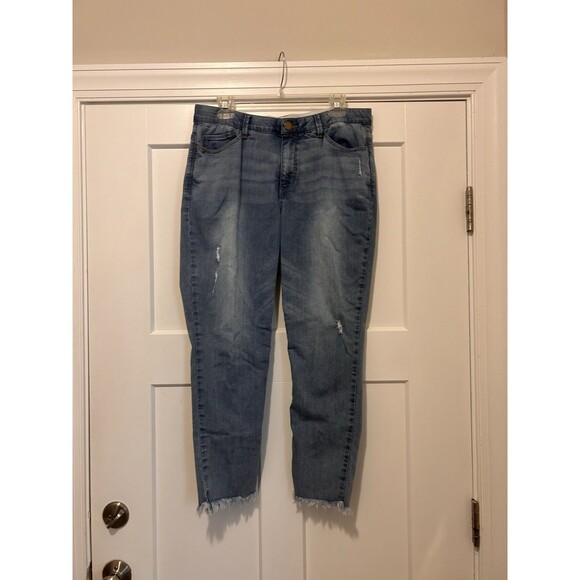 Democracy Jeans Women Size 12 Blue "Ab" Technology Tapered Fray Hem Denim Jeans - Picture 1 of 10